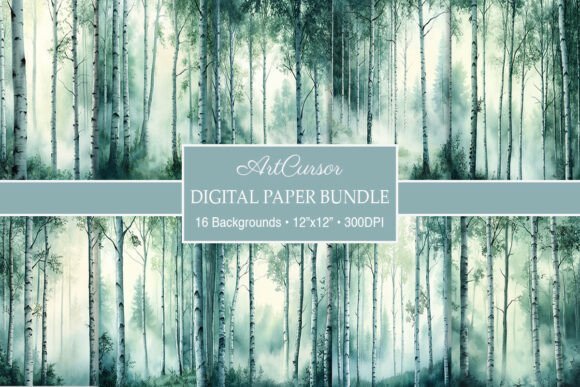 Tranquil Misty Birch Forest Digital Paper Backgrounds
